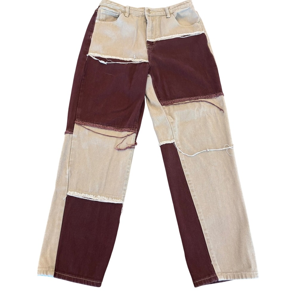 SHEIN Women Patchwork Colorblock Jeans Burgundy Tan Frayed Seam Straight Leg L